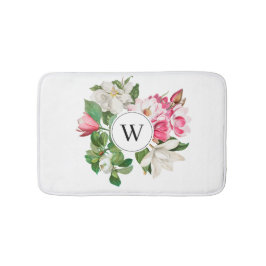 Vintage White & Rosa Magnolia Flowers Monogram Badrumsmatta