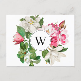 Vintage White & Rosa Magnolia Flowers Monogram Helg Vykort