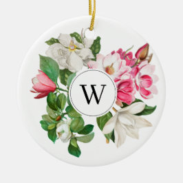 Vintage White & Rosa Magnolia Flowers Monogram Julgransprydnad Keramik