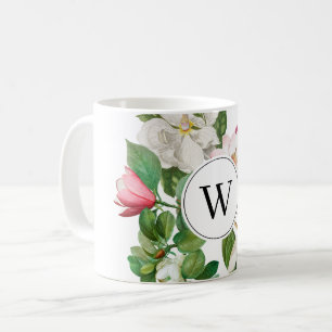 Vintage White & Rosa Magnolia Flowers Monogram Kaffemugg