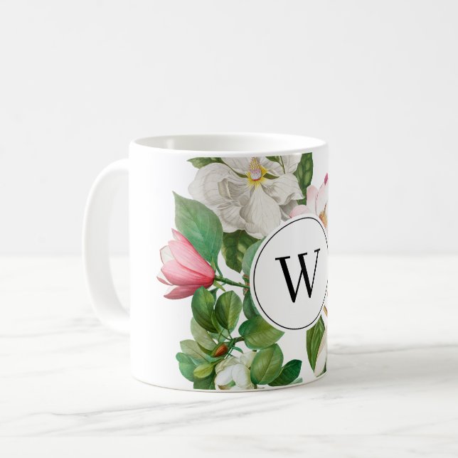 Vintage White & Rosa Magnolia Flowers Monogram Kaffemugg (Framsida vänster)