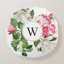 Vintage White & Rosa Magnolia Flowers Monogram Rund Kudde