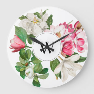 Vintage White & Rosa Magnolia Flowers Monogram Stor Klocka
