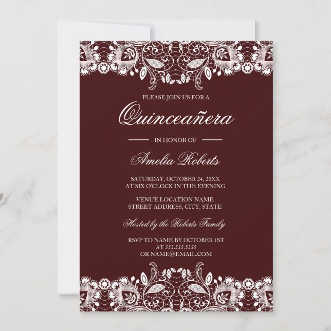 Vintage White Snöre Burgundy Quinceanera-inbjudan Inbjudningar (Framsida)