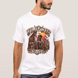 Vintage Wild West Cowboy Häst Långhorn T Shirt