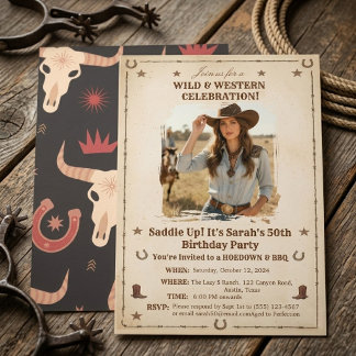 Vintage Wild West Cowgirl Foto Födelsedagsfest Inbjudningar
