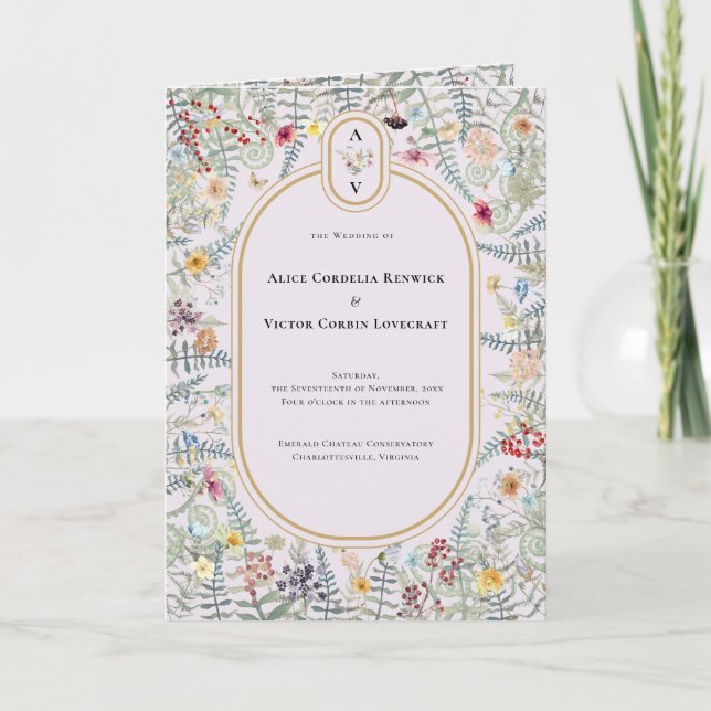 Vintage WildblomFern Lavender Bröllop Monogram Program (Framsida)