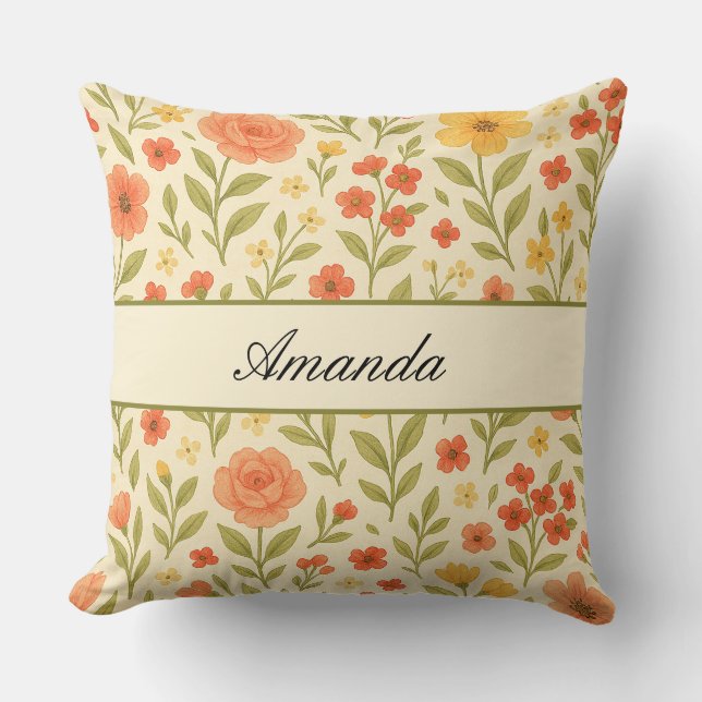 Vintage Wildblomma Mönster Namn Kudde (Framsida)