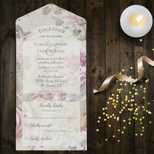 Vintage Wildblommor med Butterfly (Also available with QR code)