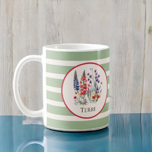 Vintage Wildblommor på Boho Sage Grönt Rand Kaffemugg