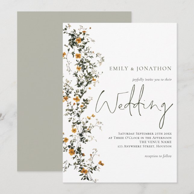 Vintage Wildblomskript Sage Gult Bröllop Inbjudningar (Fram/baksida)