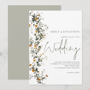 Vintage Wildblomskript Sage Gult Bröllop Inbjudningar