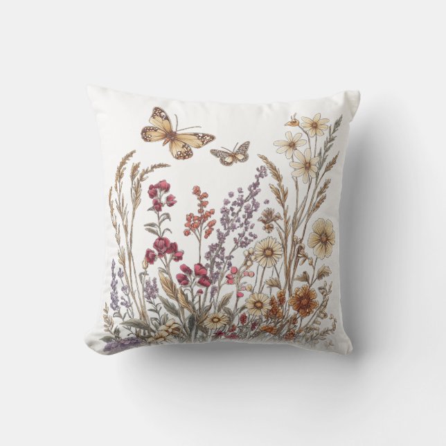 Vintage Wildblomskugga med fjärilar Kudde (Framsida)