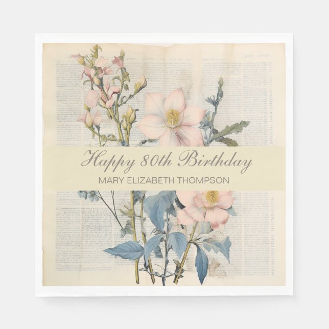 Vintage Wildflower 80-årsdag Pappersservett (Framsidan)