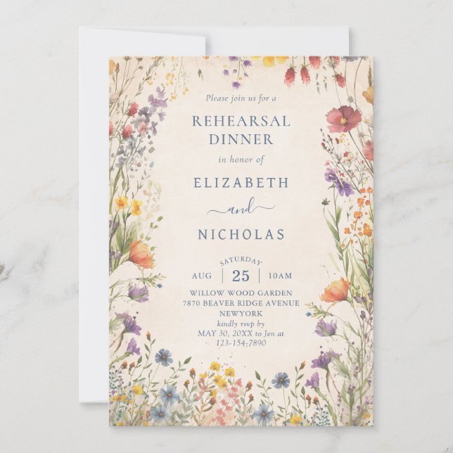 Vintage Wildflowers Wedding Rehearsal Dinner Inbjudningar (Framsida)