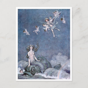 Vintage William H. Robinson Cupid och Sjöjungfru Vykort