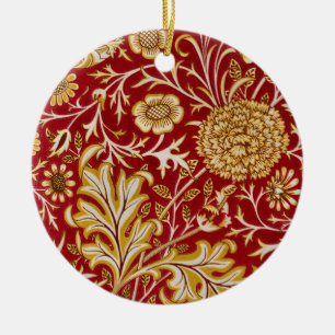 Vintage William Morris Cherwell Röd Blommig Konst Julgransprydnad Keramik