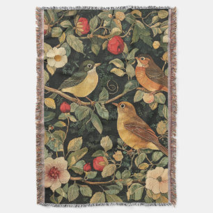 Vintage William Morris Cottage Core Blommor Fåglar Filt