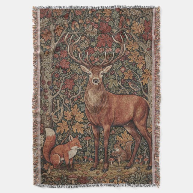 Vintage William Morris Cottage Deer Fall Filt (Framsidan Vertikal)