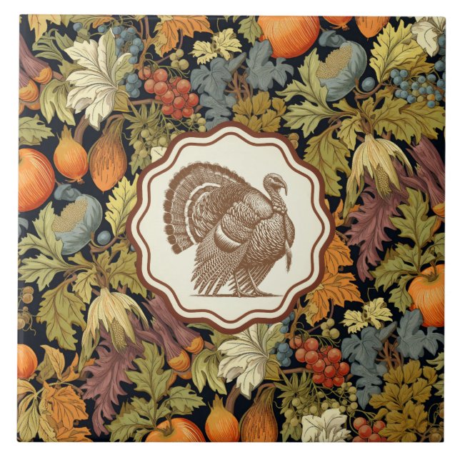 Vintage William Morris Höstlöv Pumpa Kalkon Kakelplatta (Framsidan)