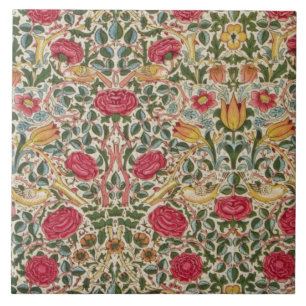 Vintage William Morris Ro Rosa Gult Bird Flor Kakelplatta