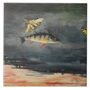 Vintage Winslow Homer Fisk och Fjärilar Kakelplatta