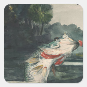 Vintage Winslow Homer Life-Storlek Black Bass Fyrkantigt Klistermärke
