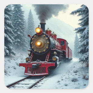 Vintage Winter-ånglok Fyrkantigt Klistermärke