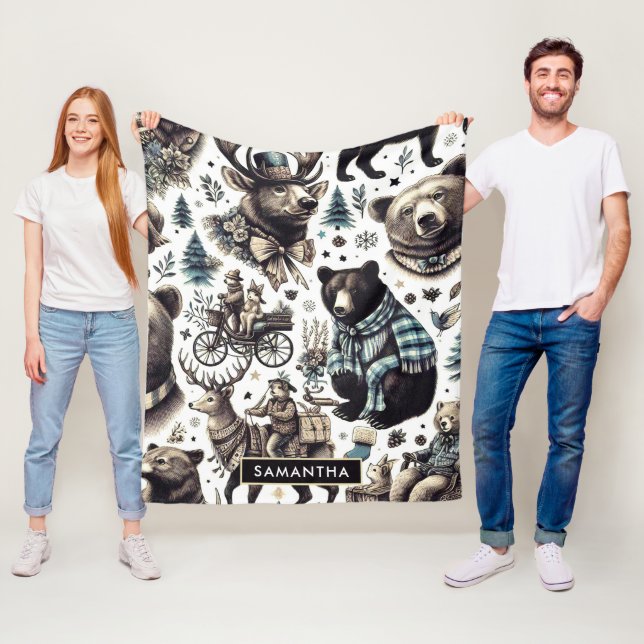 Vintage Winter Animals Mönster Fleecefilt (På plats)