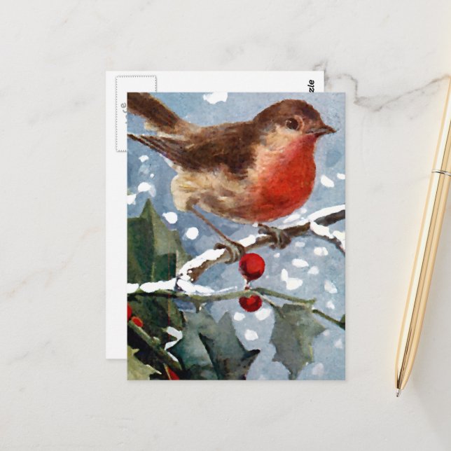 Vintage Winter Bird Vykort (Fram/Back In Situ)
