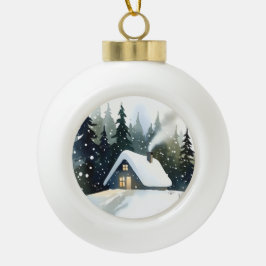 Vintage Winter Cabin Watercolor Christmas Julgranskula Keramik