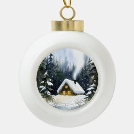 Vintage Winter Cabin Watercolor Christmas Julgranskula Keramik
