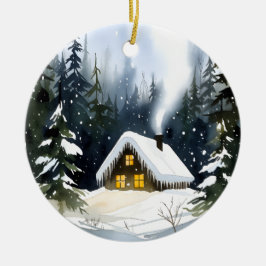 Vintage Winter Cabin Watercolor Christmas Julgransprydnad Keramik