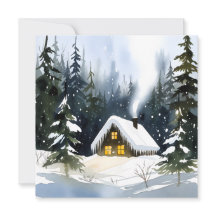Vintage Winter Cabin Watercolor Christmas