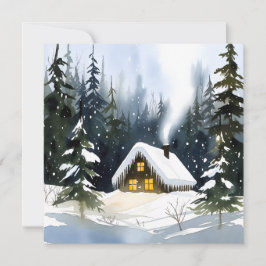 Vintage Winter Cabin Watercolor Christmas Kort