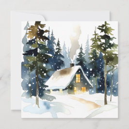 Vintage Winter Cabin Watercolor Christmas Kort