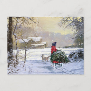 Vintage Winter Child Bring Home Träd Vykort
