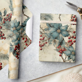 Vintage Winter Elegance, Red Berries & Grått Blomm Presentpapper