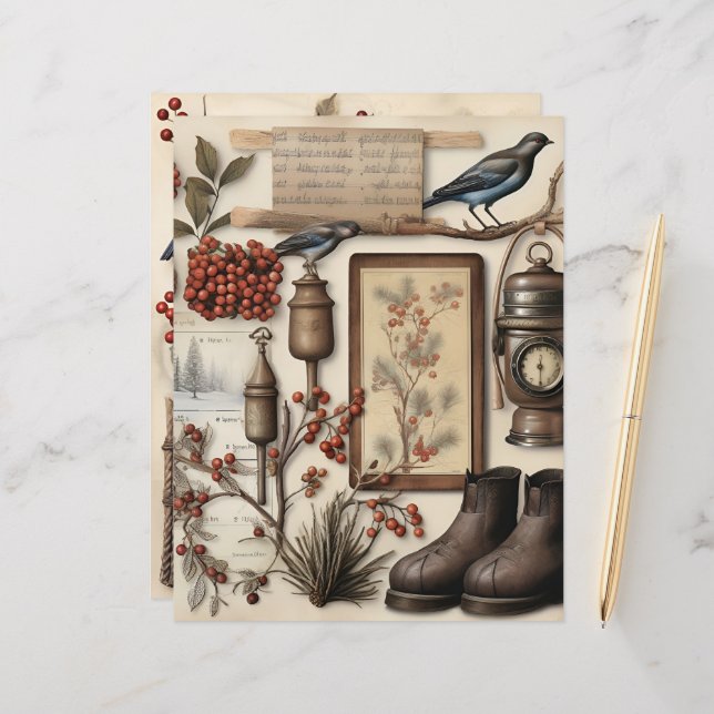 Vintage Winter Ephemera Scrapbook Papper (Fram/Back In Situ)