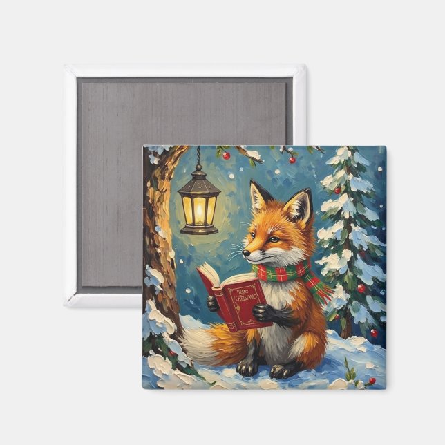 Vintage Winter Fox Reading by Lantern Light Magnet (Front/Back)