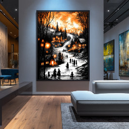 Vintage Winter Glow - Lantern-Lit Village Poster