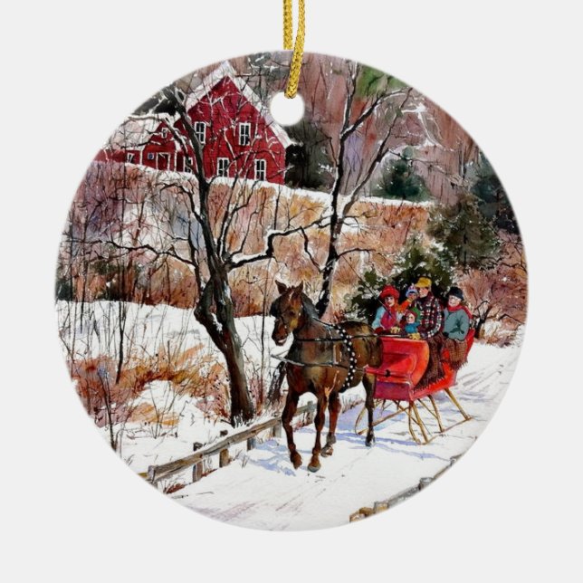 Vintage Winter Horse and Sleigh Julgransprydnad Keramik (Framsidan)