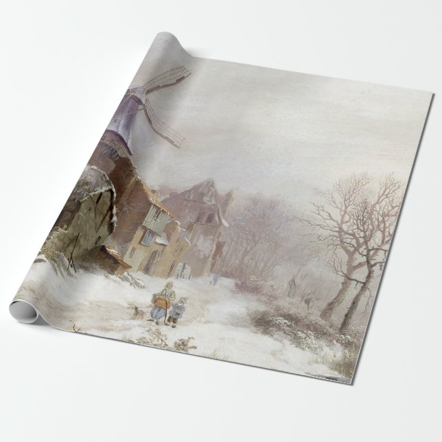 Vintage Winter Kvarn snowi liggande Presentpapper (Utrullad)