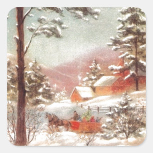Vintage Winter Land Scene Fyrkantigt Klistermärke