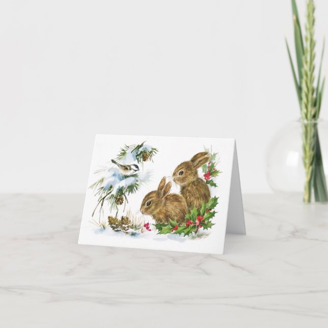 Vintage Winter Rabbits jul Kort (Framsida)