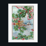 Vintage Winter Rural Village and jul Holly Vykort<br><div class="desc">Charming på vinterscenen på landsbygden med snö-täckta stugor,  berg och träd i lätt grått gräns och festive holly bunden med rött band. Baksidan har särskilt designad komplementgrafik med redigerbar text fält.</div>