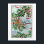 Vintage Winter Rural Village and jul Holly Vykort<br><div class="desc">Charming på vinterscenen på landsbygden med snö-täckta stugor,  berg och träd i lätt grått gräns och festive holly bunden med rött band. Baksidan har särskilt designad komplementgrafik med redigerbar text fält.</div>
