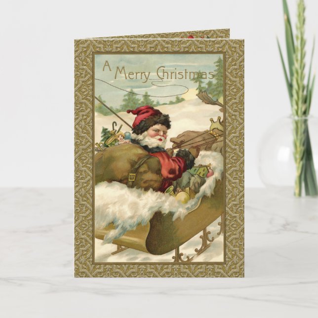 Vintage Winter Santa in Golden Sleigh Helgkort (Framsida)