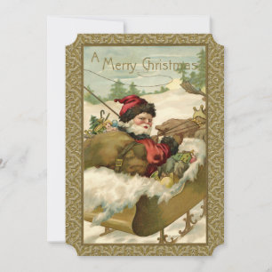 Vintage Winter Santa in Golden Sleigh Julkort