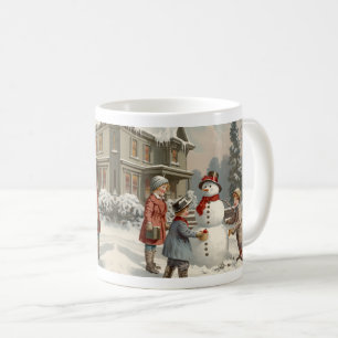 Vintage Winter Scene: Barn som Bygger Snögubbe Kaffemugg